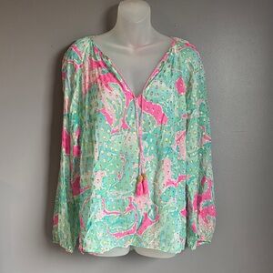 Lilly Pulitzer pink & blue silk blend blouse w/ gold details * sz MED